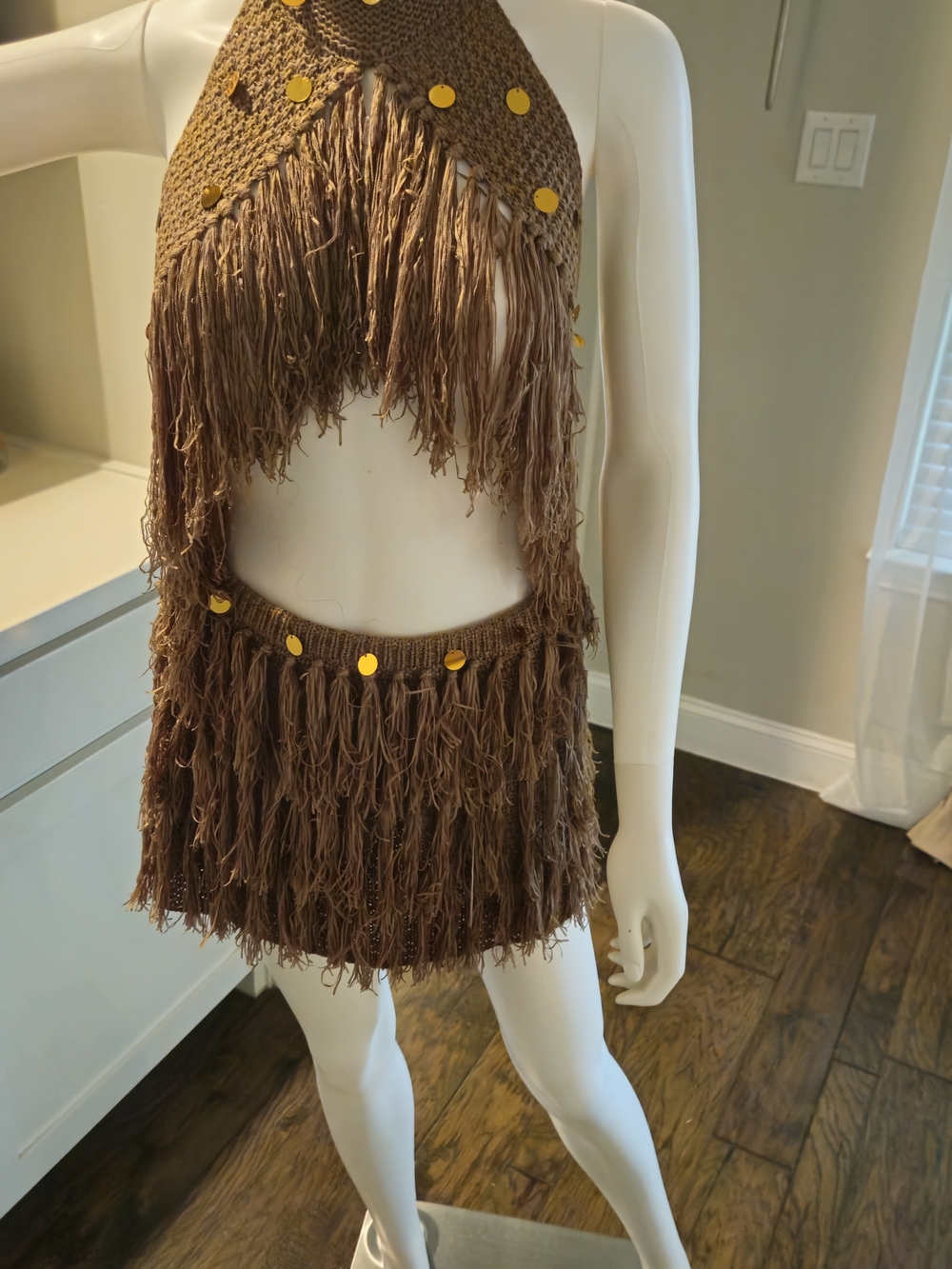 SHEIN Brown Fringe Crochet Halter Skirt Set with Gold Discs